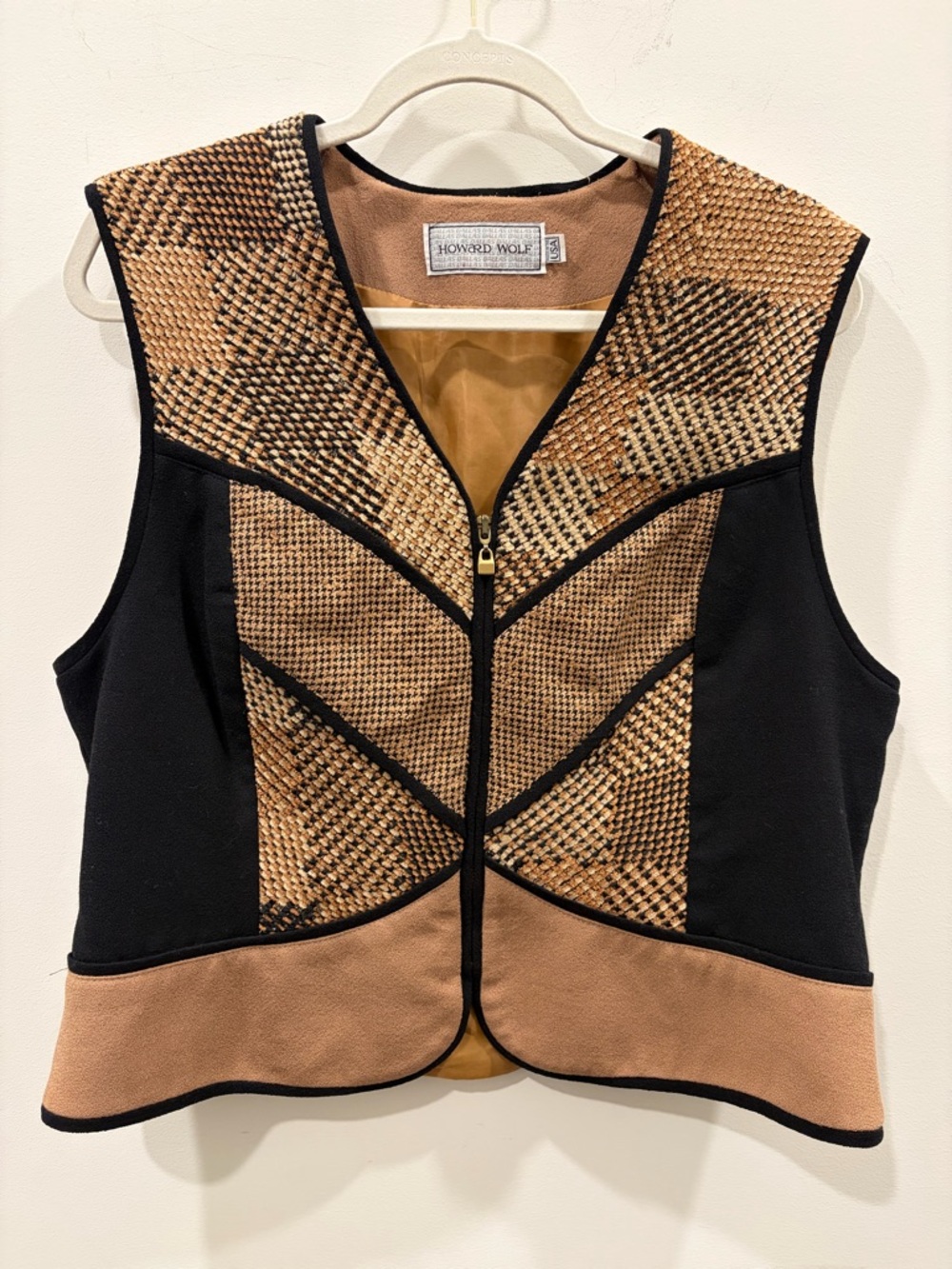 Howard Wolf Women's Black & Brown Patterned Sleeveless Zip Vest